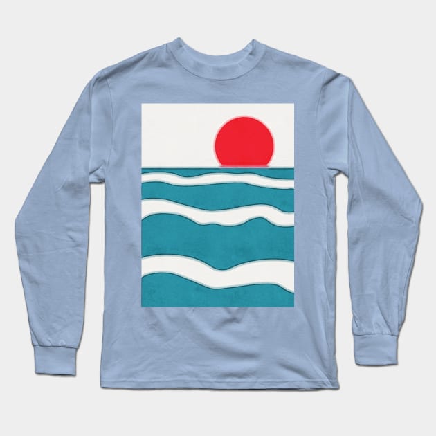 Blue Ocean Red Sun Long Sleeve T-Shirt by OZOROZO